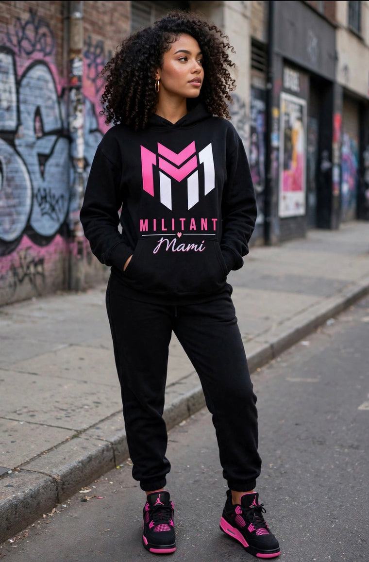 Militant Mami Hoodie - Pink/White Logo (Black)