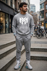 Man wearing the Sport Grey Militant Mindset sweatshirt with white logo