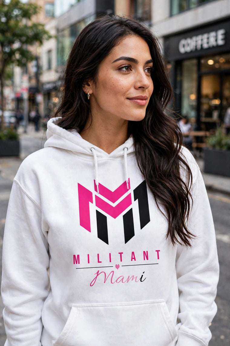 Militant Mami Hoodie - White / Pink & Black Logo