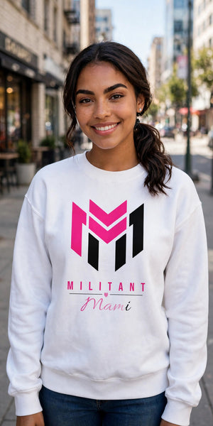 Model photo - Militant Mami Sweatshirt White Pink Black Logo